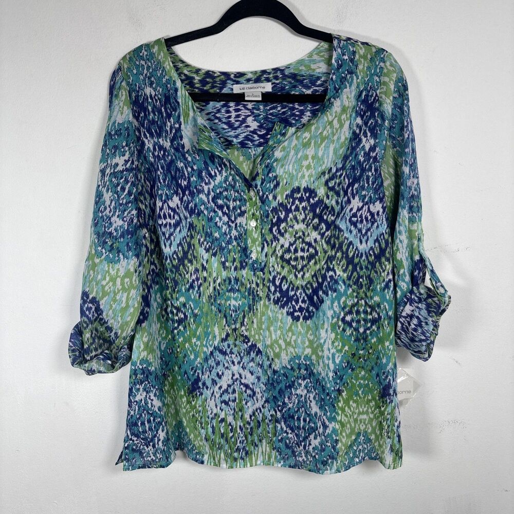 NWT Liz Claiborne Large Blue Green Ikat Print Blouse 3/4 Roll Tab Sleeve Top